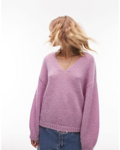 TOPSHOP Knitted Premium V-neck Mohair Sweater - Purple