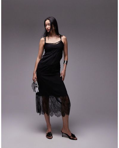 TOPSHOP Premium Scoop Neck Lace Insert Midi Dress - Black