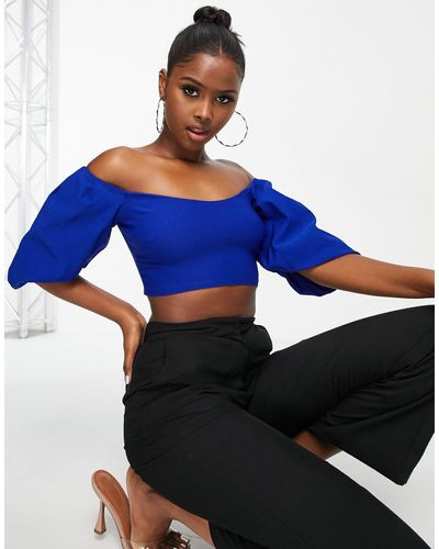 Vesper Crop Top Met Blote Schouders En Pofmouwen - Blauw