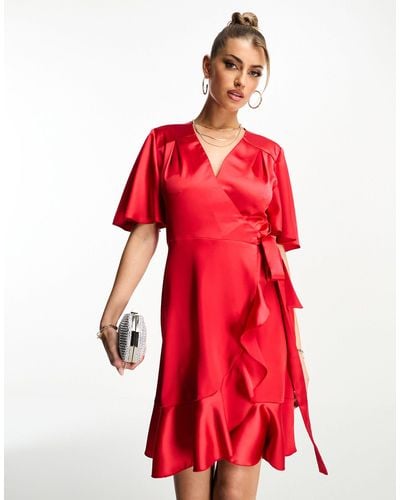 Flounce London Wrap Front Mini Satin Dress With Flutter Sleeves - Red
