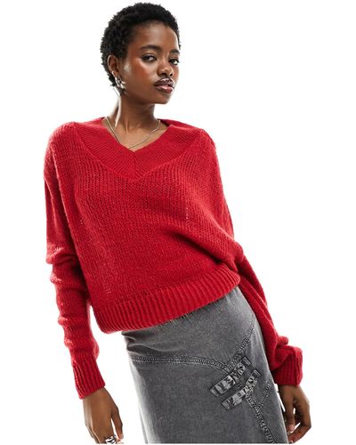 Collusion V Neck Knitted Jumper - Red