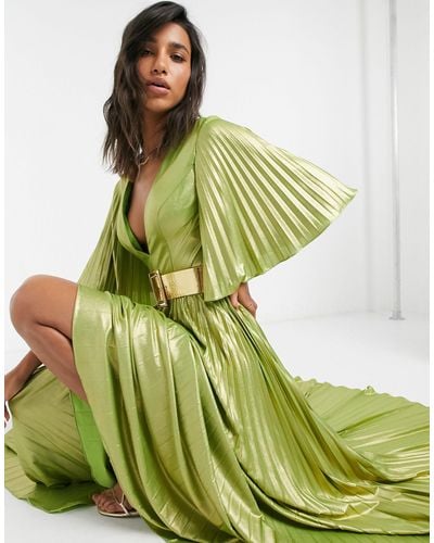 Forever Unique Metallic Kimono Sleeve Maxi Dress - Green