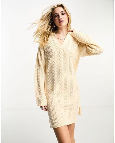 Brave Soul Ribbed Polo Collar Knitted Midi Dress - Natural