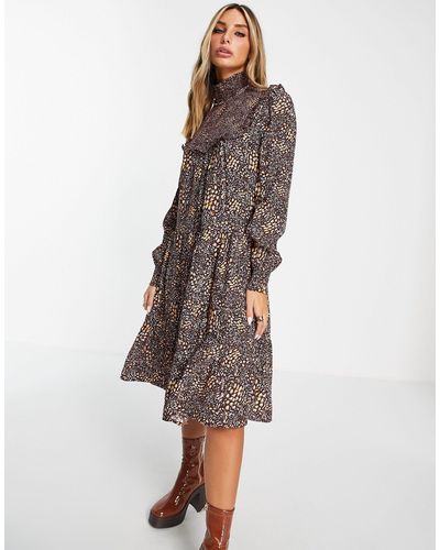 French Connection Faith Drape High Neck Tiered Midi Dress - Brown