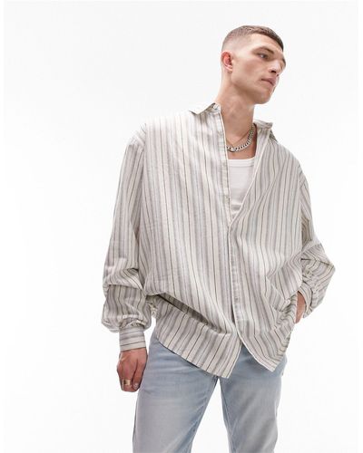 TOPMAN Long Sleeve Extreme Oversized Fit Striped Tonal Shirt - White