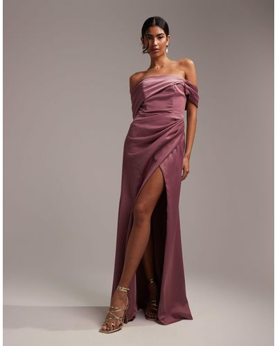 ASOS Bridesmaid Satin Bardot Drape Wrap Maxi Dress - Pink