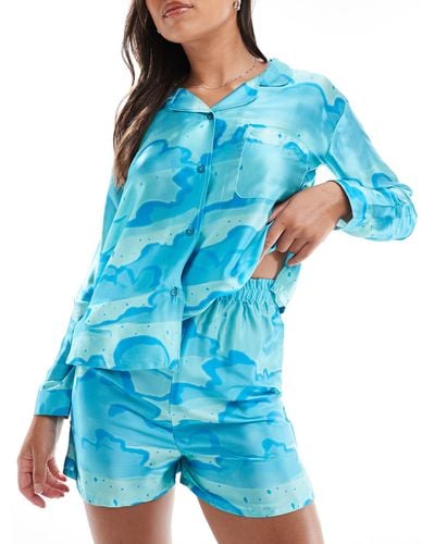 Luna Cloud Print Long Sleeve Satin Revere Pyjama Set - Blue