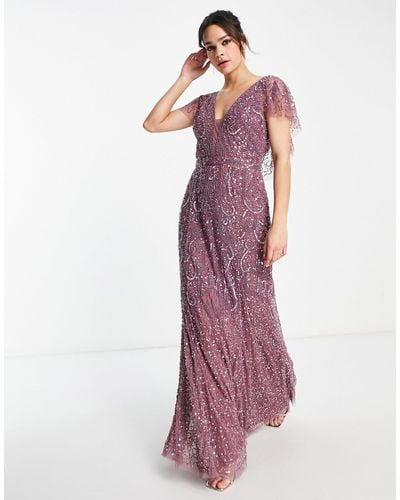 Beauut Bridesmaid Embellished Maxi Dress With Flutter Sleeve - Purple