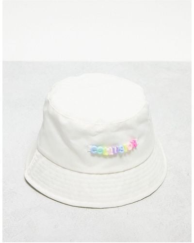 Collusion Unisex Festival Nylon Branded Beaded Bucket Hat - White