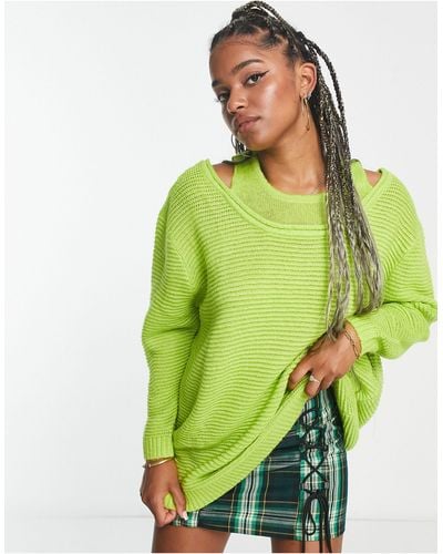 Native Youth Oversized Sweater With Double Neckline - Green