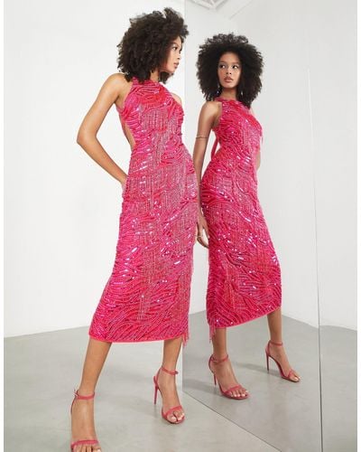 ASOS Pearl And Fringe Halter Midi Dress - Pink