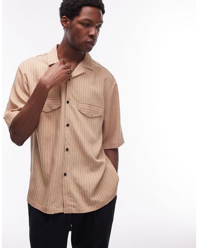 TOPMAN Short Sleeve Relaxed Revere Double Pocket Striped Shirt - Gray