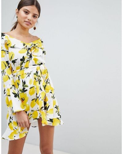 Boohoo Exclusive Off Shoulder Lemon Print Dress - Yellow