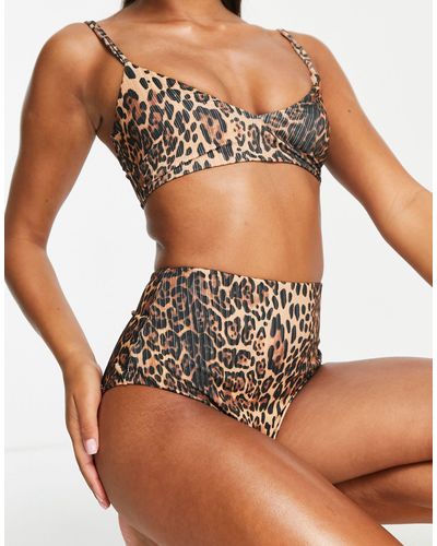 ASOS – mix and match – gerippte bikinihose mit hoher taille mit leopardenmuster - Mehrfarbig