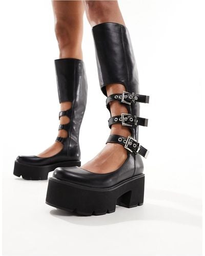 LAMODA Lift Up Chunky Knee Boots With Cut Out Buckle Detail - Black