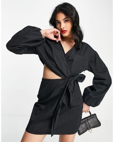 Pretty Lavish Cut Out Wrap Shirt Mini Dress - Black