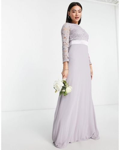 TFNC London Bridesmaids Chiffon Maxi Dress With Lace Scalloped Back And Long Sleeves - White