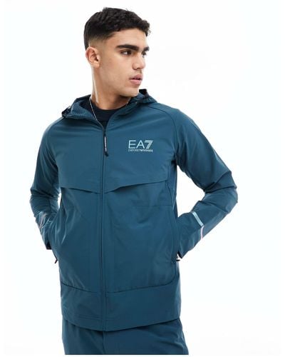 EA7 Armani Logo Hooded Nylon Windbreaker Jacket - Blue