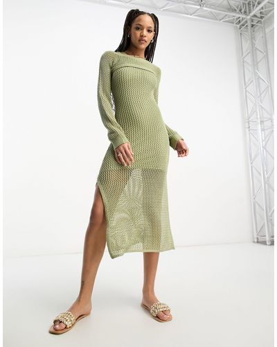 Stradivarius Robe longue 2 en 1 en maille au crochet - kaki - Vert