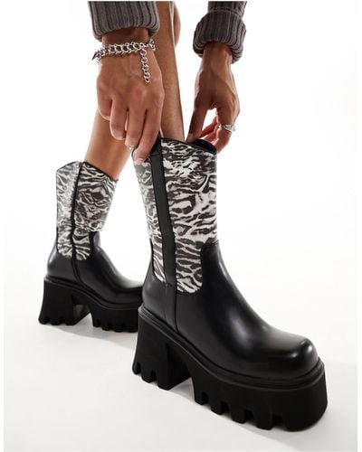 LAMODA Viturous Chunky Heeled Western Boots With Zebra Print - Black