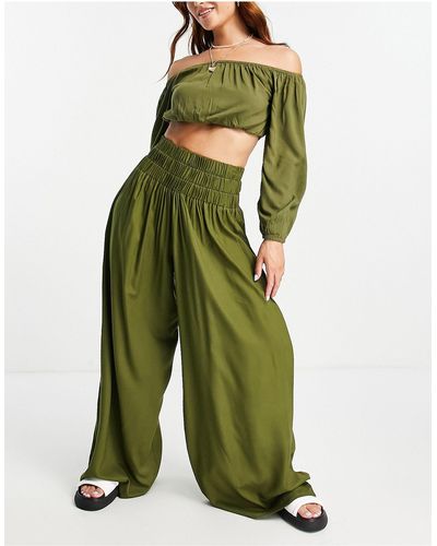 esmé studios Esmee Exclusive Shirred Wide Leg Beach Trousers Co-ord - Green