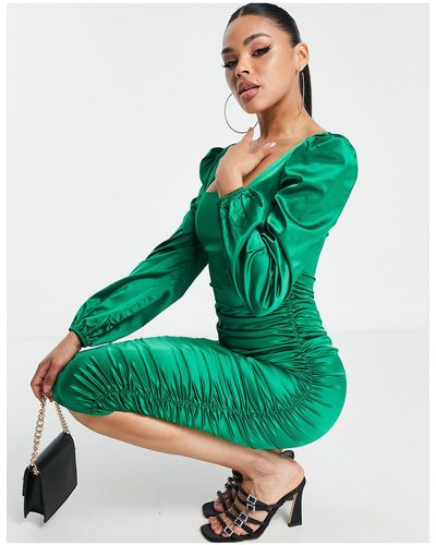 AX Paris Satin Puff Sleeve Midi Dress - Green