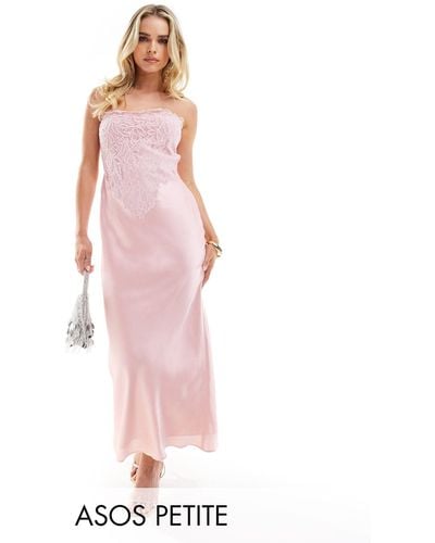 ASOS Asos Design Petite Satin Bias Bandeau Midi Dress With Embroidered Bodice - Pink