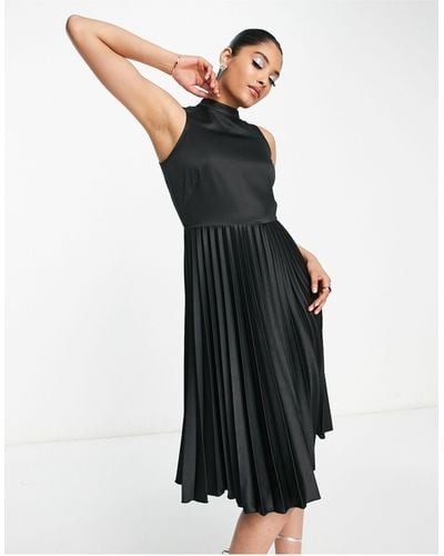 Closet High Neck Pleated Midi Dress - Black