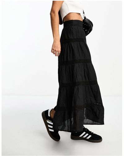 Miss Selfridge Cotton Lace Insert Tiered Maxi Skirt - Black