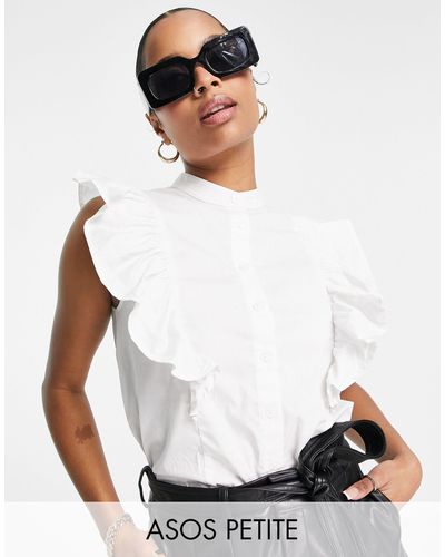 ASOS Asos Design Petite Sleeveless Shirt With Frill Detail - White