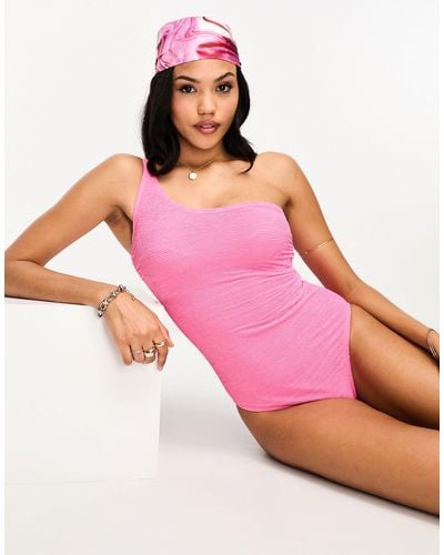 Ivory Rose Fuller Bust Crinkle One Shoulder Swimsuit - Pink