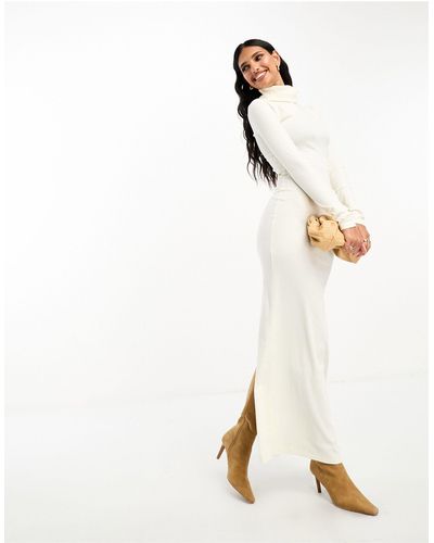 ASOS Ribbed Roll Neck Long Sleeve Midi Dress - White