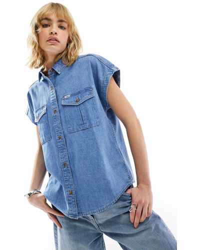 Lee Jeans Chemise drapée en denim à manches courtes - délavage clair - Bleu