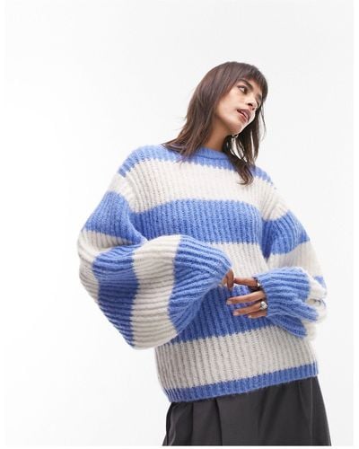 TOPSHOP Knitted Volume Sleeve Fluffy Stripe Jumper - Blue