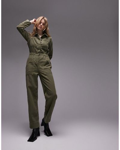 Topshop utility pocket casual jumpsuit in khaki