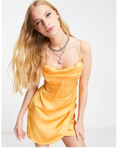 Bershka Corset Detail Satin Mini Dress - Orange