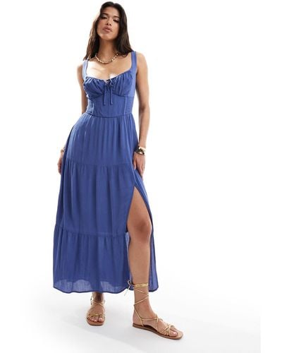 Hollister Side Smocked Maxi Dress With Side Split - Blue