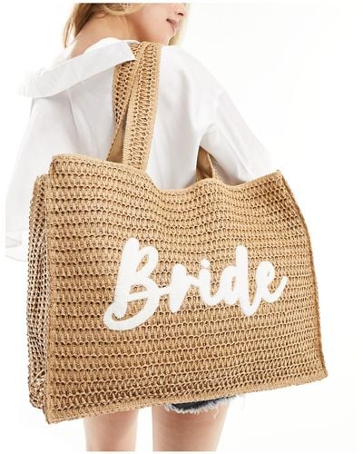 South Beach Bride Embroidered Woven Shoulder Tote Bag - Natural
