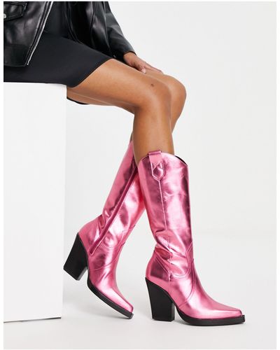 ASOS Camouflage Premium Leather Western Knee Boots - Pink