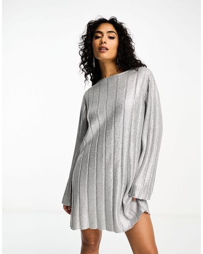 4th & Reckless Metallic Tie Back Mini Sweater Dress - Grey