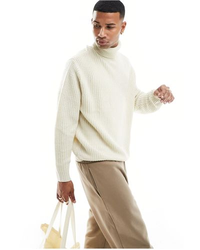 ASOS Oversized Knit Fisherman Ribbed Turtle Neck Sweater - White