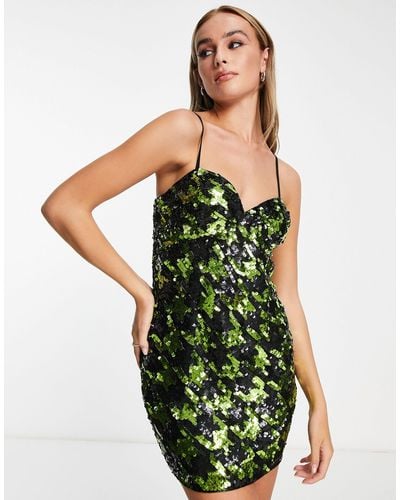 Miss Selfridge Premium Festival Sequin Dogtooth Mini Dress - Green