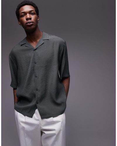 TOPMAN Short Sleeve Relaxed Satin Shirt - Grey