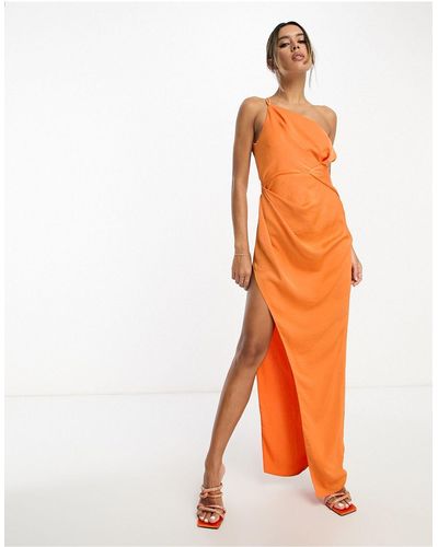 ASOS Washed Satin One Shoulder High Split Maxi Dress With Twist Detail - Orange