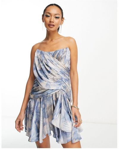 ASOS Draped Bandeau Corset Satin Mini Dress With Flippy Skirt - Blue