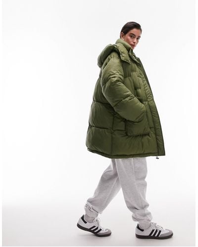 TOPSHOP Oversized Hooded Puffer Jacket With Front Pockets - Green