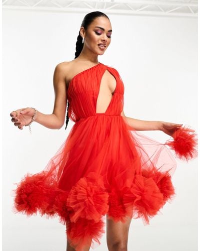 LACE & BEADS Exclusive One Shoulder Ruffle Hem Tulle Mini Dress - Red