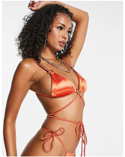 ASOS Top bikini a triangolo con dettaglio ad anello e laccetti avvolgenti - Arancione