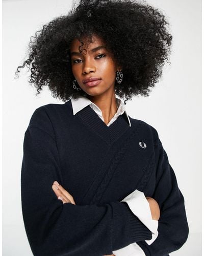 Fred Perry F Perry V-neck Jumper With Wreath Logo - Blue