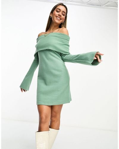 ASOS Super Soft Bardot Mini Dress With Flare Sleeve - Green